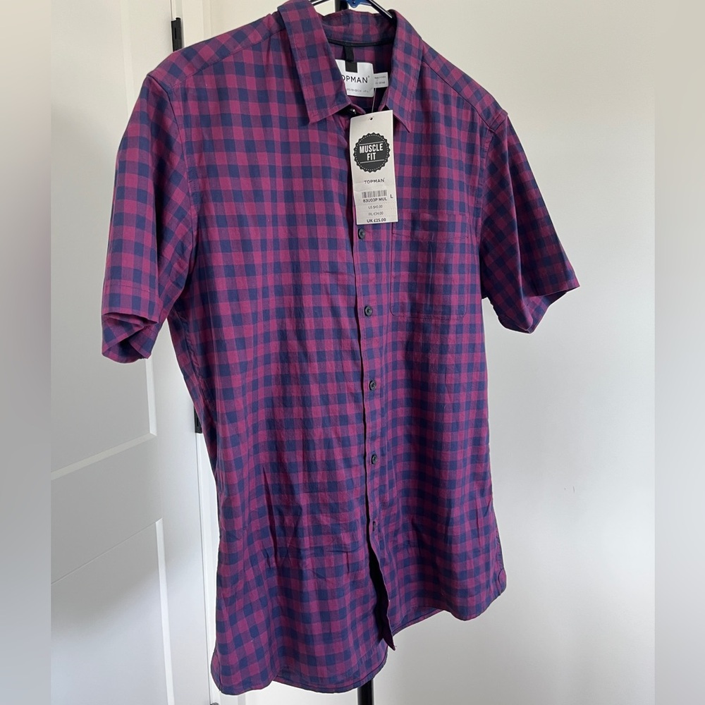 Topman red and blue plaid, casual short sleeve button down